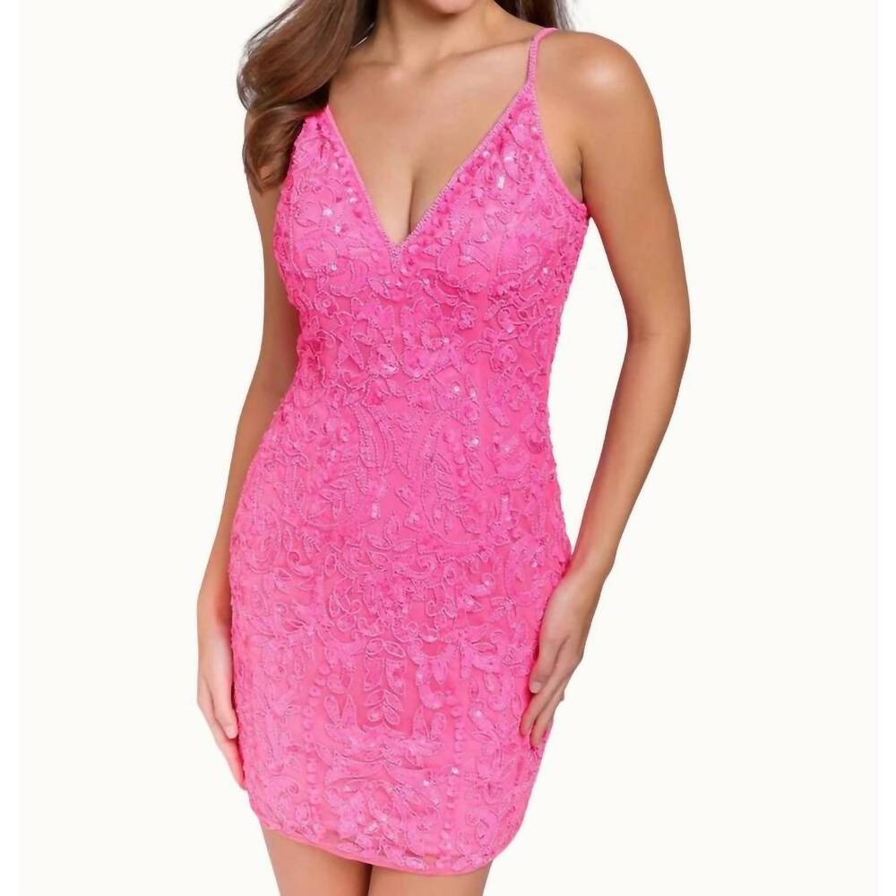 NEW PRIMAVERA v-neckline mini dress in neon oink